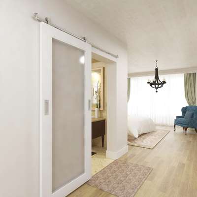 Mirrored barn door for hotel bathroom with sliding door hardware