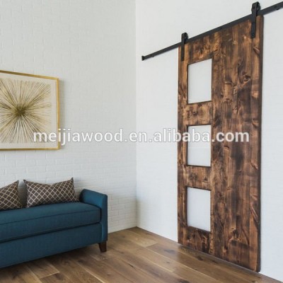 Three Glass Panels Pine Wood Vintage Hotel Door Slab Stainless Steel Sliding Door Hardware