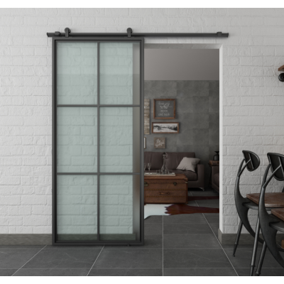 French Style 8FT Framed Clear Panels Sliding Barn Door with hardware ,framed  metal glass door closet